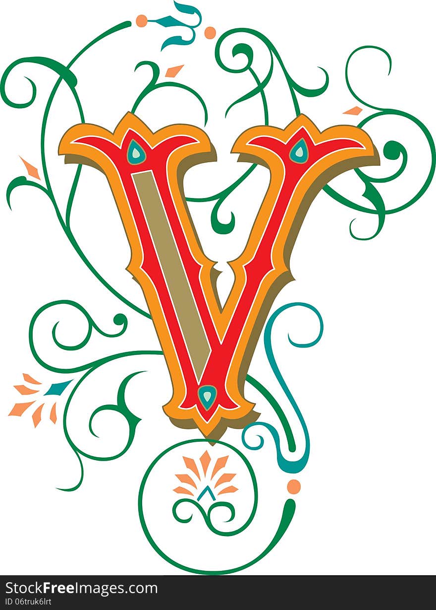 Beautiful ornate English alphabets, Letter V, Colored. Beautiful ornate English alphabets, Letter V, Colored