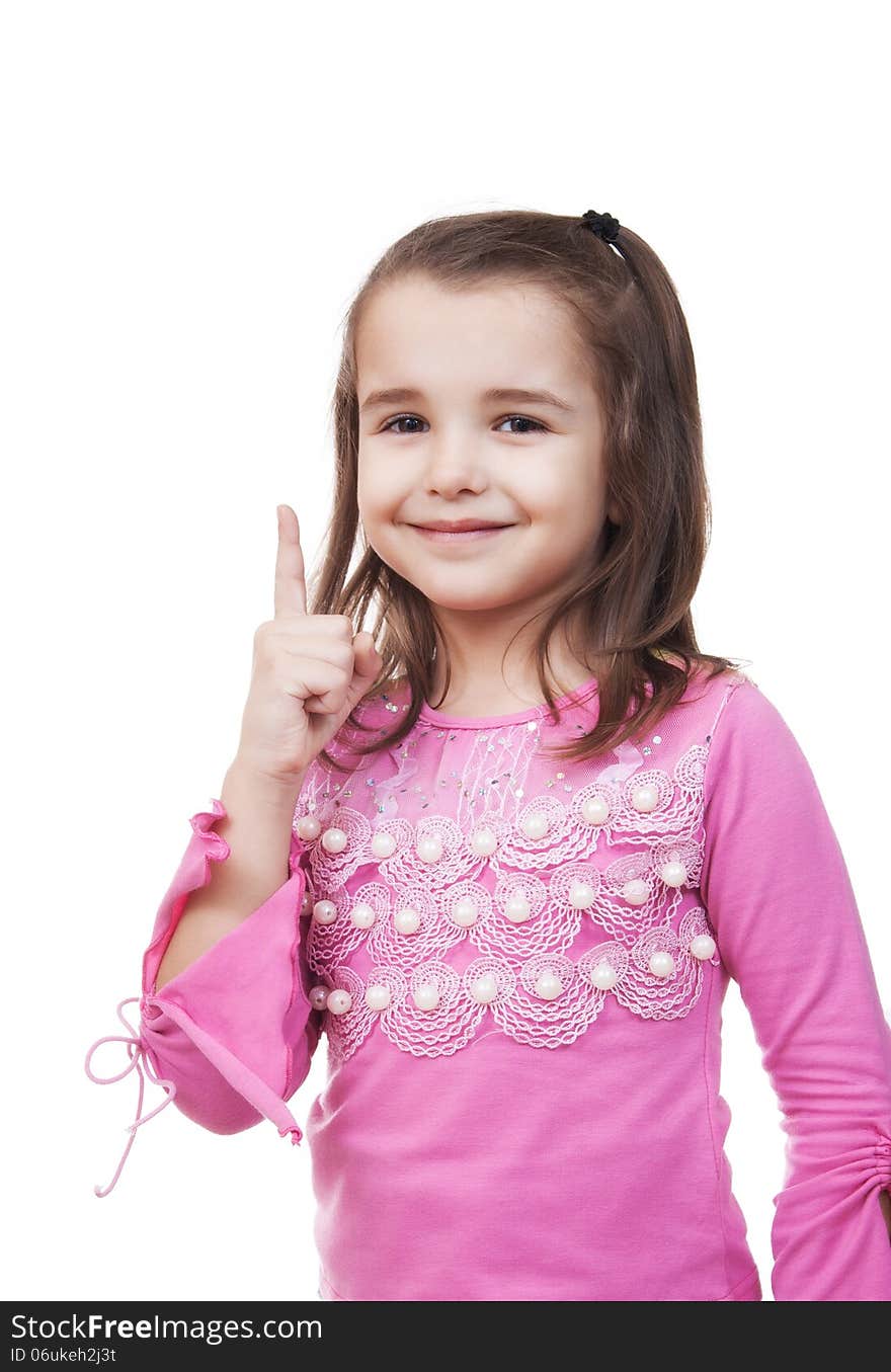 Girl shows a sign of attention isolated on white background