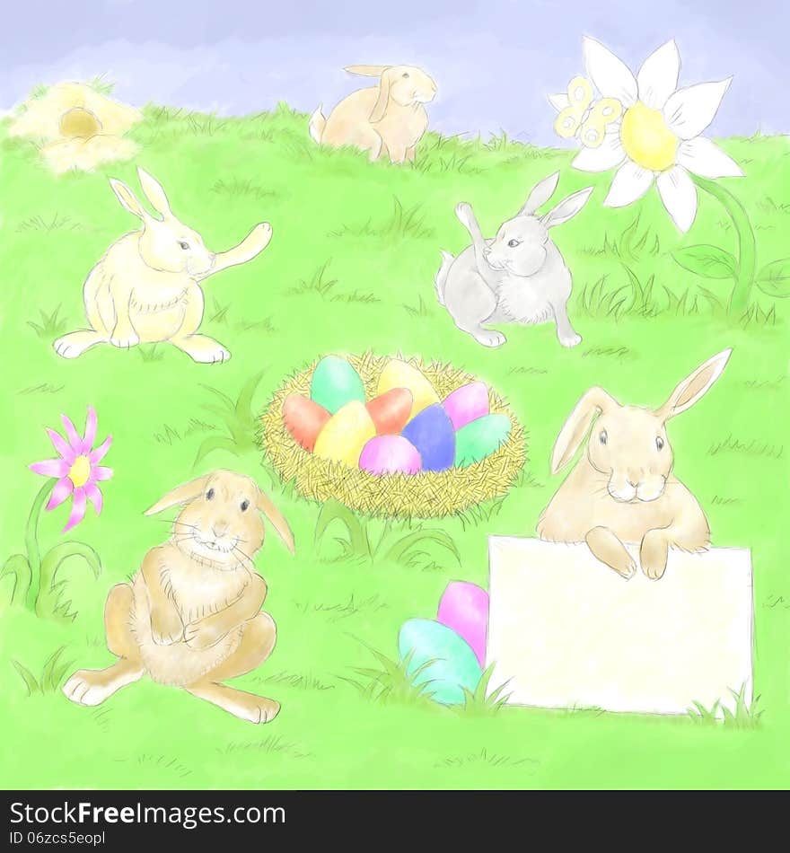 Illustration of easter bunnys and eggs