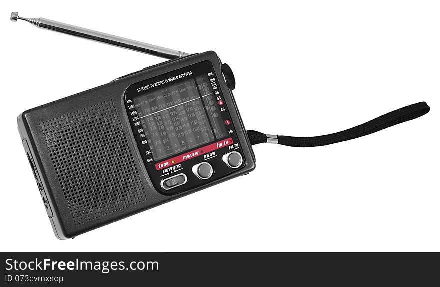 Small multi-band radio with hand strap isolated on white