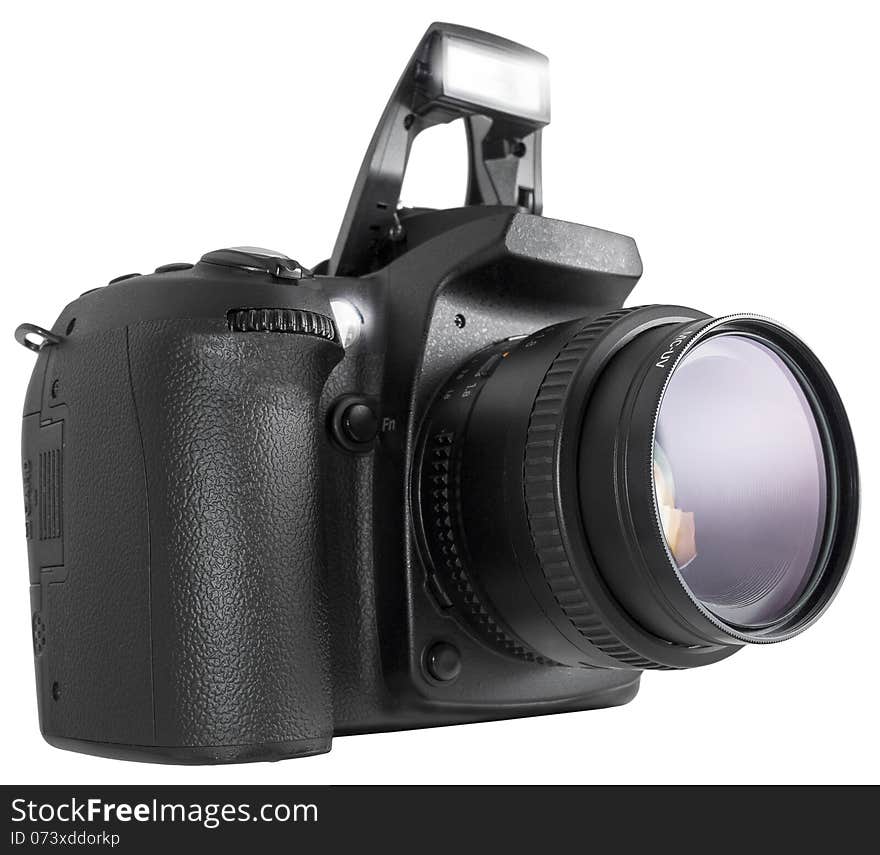 Black DSLR open its build-in flash and lens with UV filter isolated on white