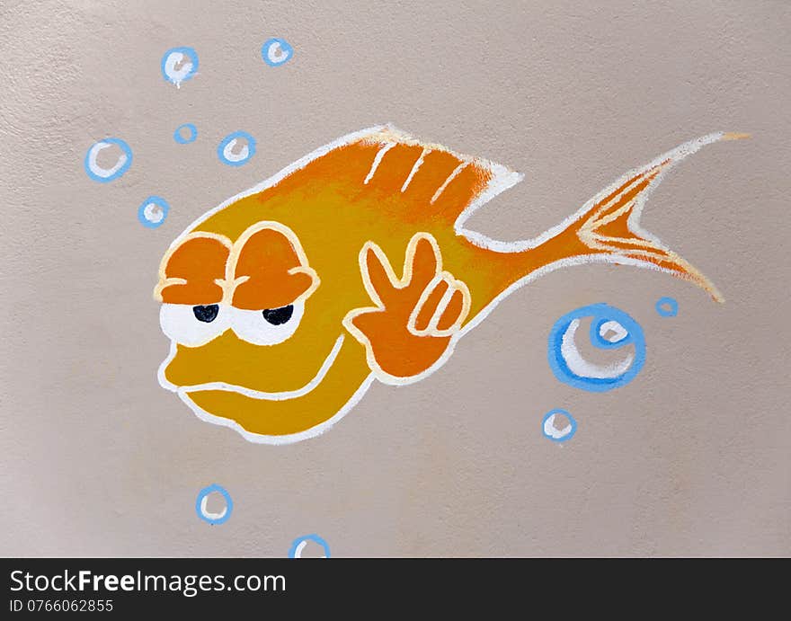 Fish with v sign and bubbles painted on a grey wall. Fish with v sign and bubbles painted on a grey wall