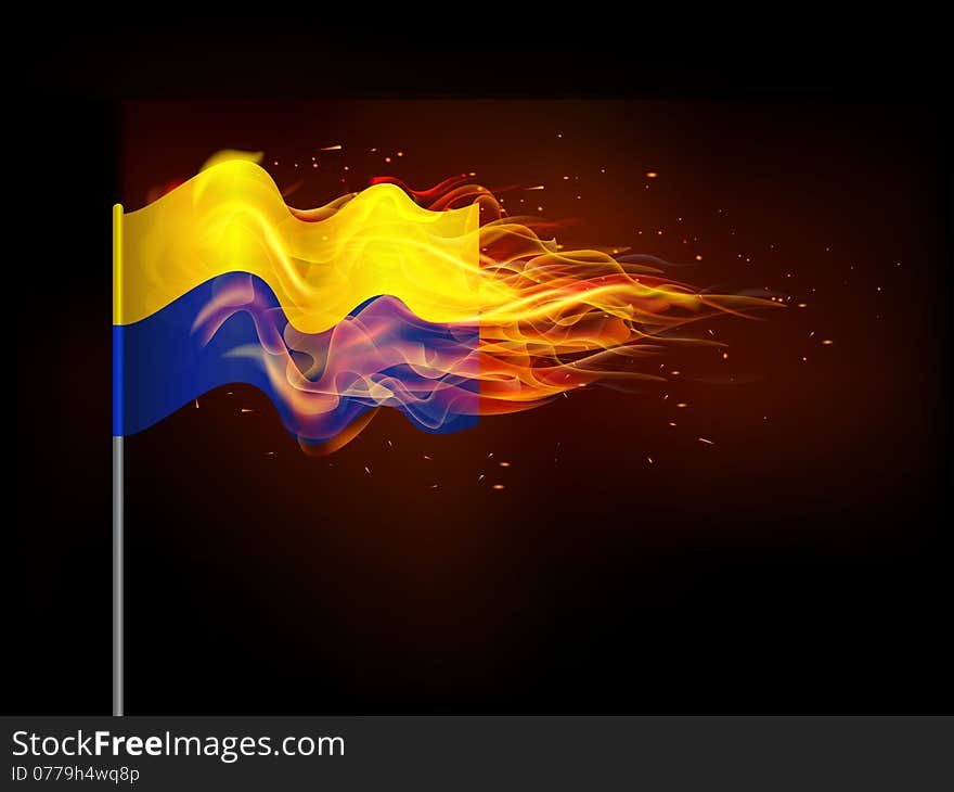 Ukrainian flag in flames. Illustrates the problem of armed conflict in Ukraine.