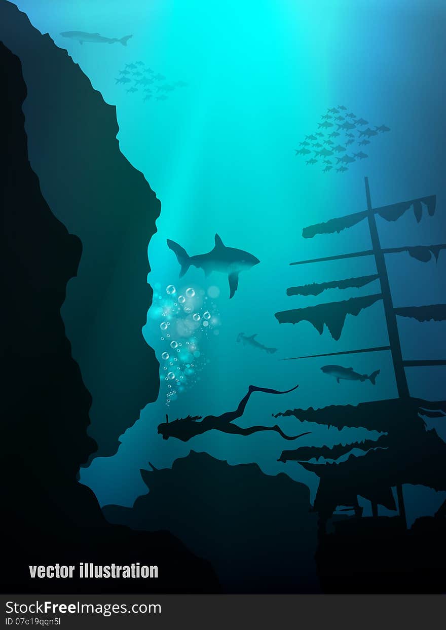 Beautiful and dangerous underwater world with sharks and old ship.