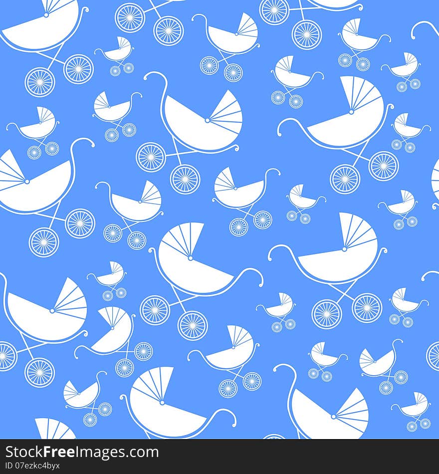 Seamless pattern of baby strollers. Vector illustration.