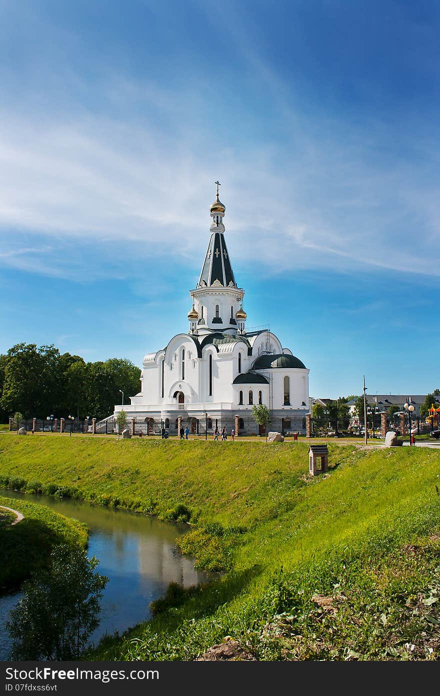 Cityskape with church of St. Alexander Nevsky on summer day