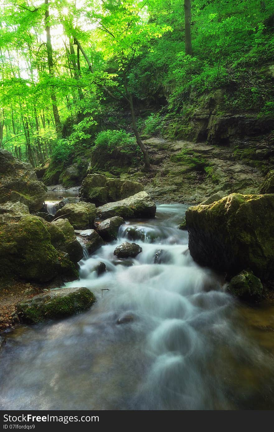 Beautiful motion blurred water stream landscape in a green bakony forest in Hungary. Beautiful motion blurred water stream landscape in a green bakony forest in Hungary