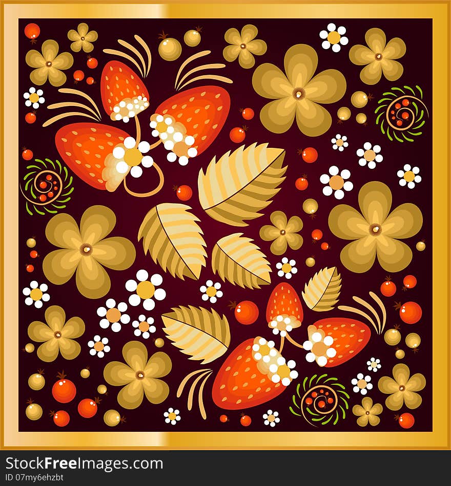 Beautiful pattern with khokhloma ornament in maroon and yellow colours. Beautiful pattern with khokhloma ornament in maroon and yellow colours