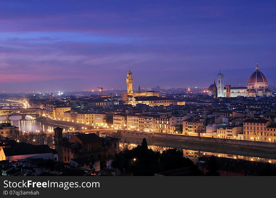 Riverside , Palazzo Vecchio and Santa Maria del Fiore church; view from the hills. Riverside , Palazzo Vecchio and Santa Maria del Fiore church; view from the hills