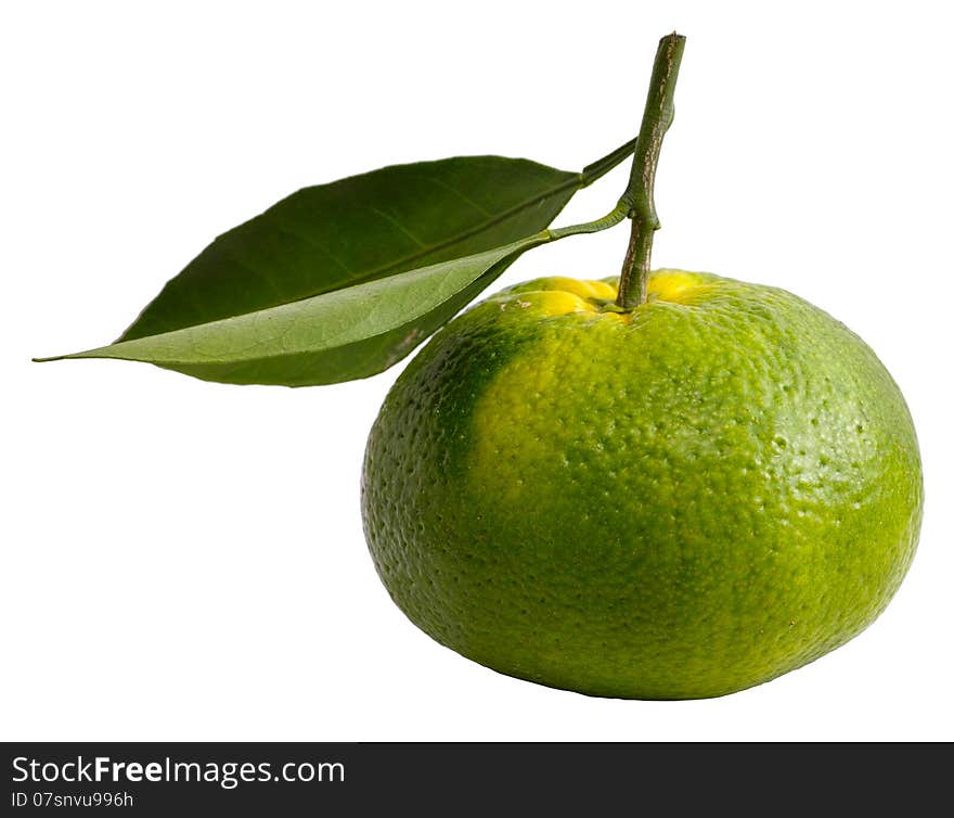 One green orange with two leaves isolated on white background