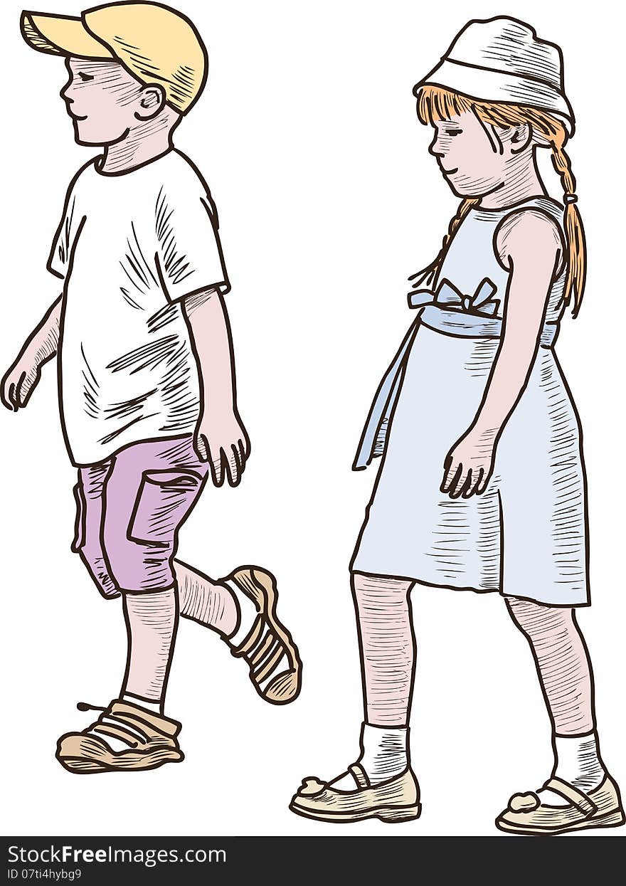 Vector image of the little siblings on a walk. Vector image of the little siblings on a walk.