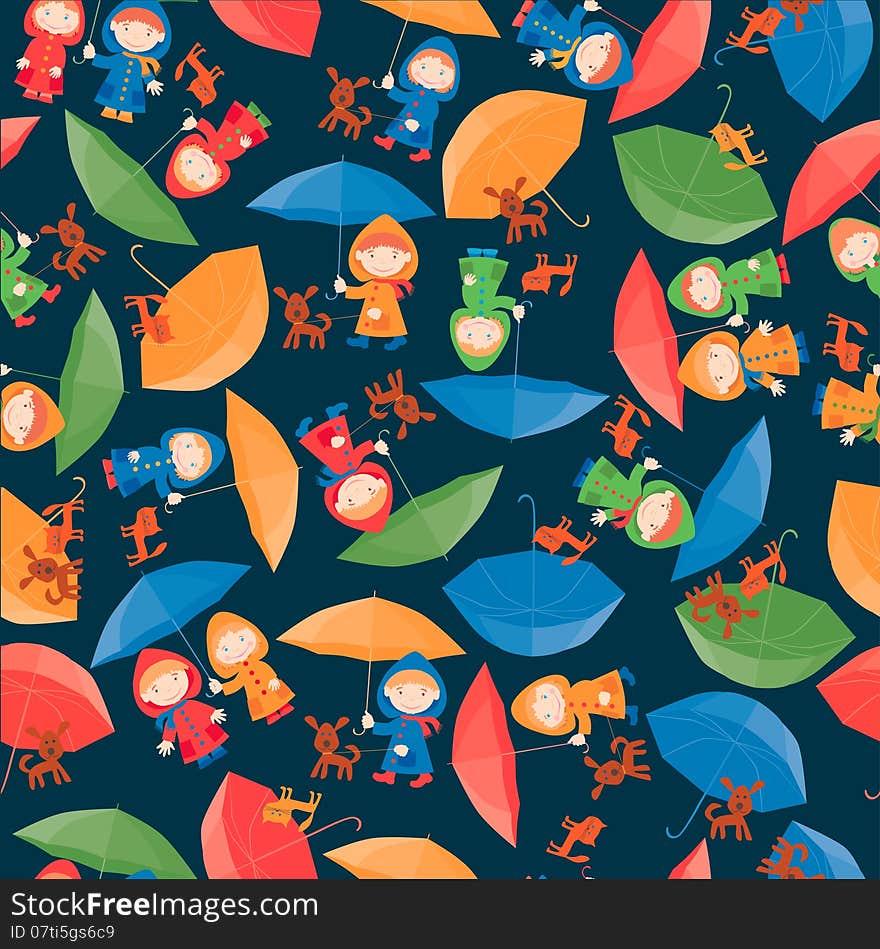 Vector pattern of the cheerful kids with the umbrellas. Vector pattern of the cheerful kids with the umbrellas.