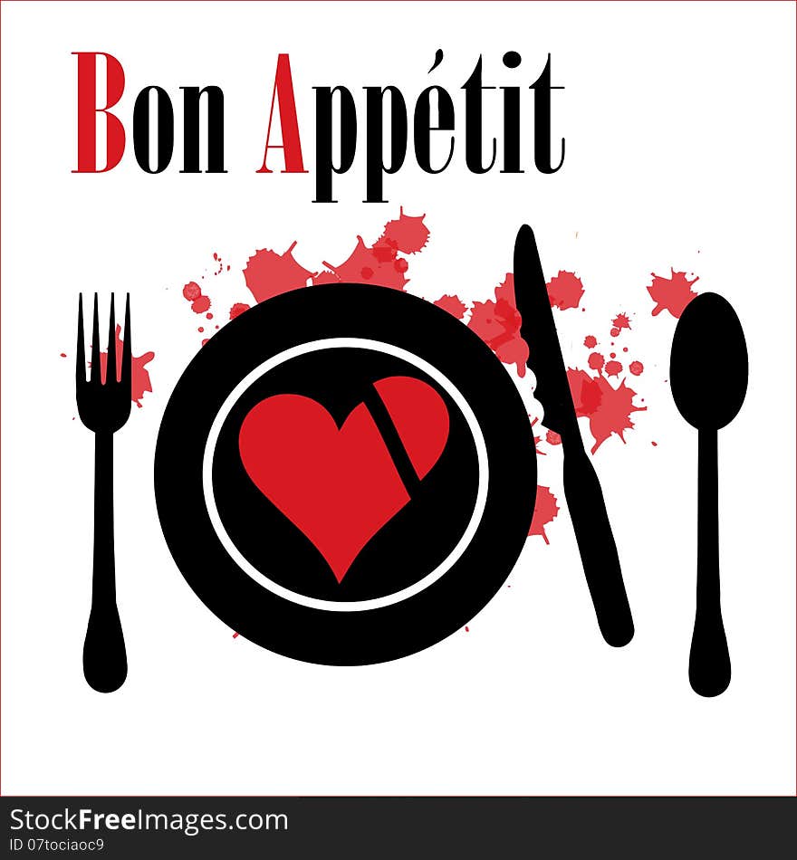 Heart on a plate. Pleasant appetite. Illustration.