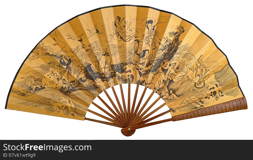 China yellow paper folding fan with Chinese ink painting of “Eight Immortals” isolated on white, thats a most widely circulated Han folklore. China yellow paper folding fan with Chinese ink painting of “Eight Immortals” isolated on white, thats a most widely circulated Han folklore