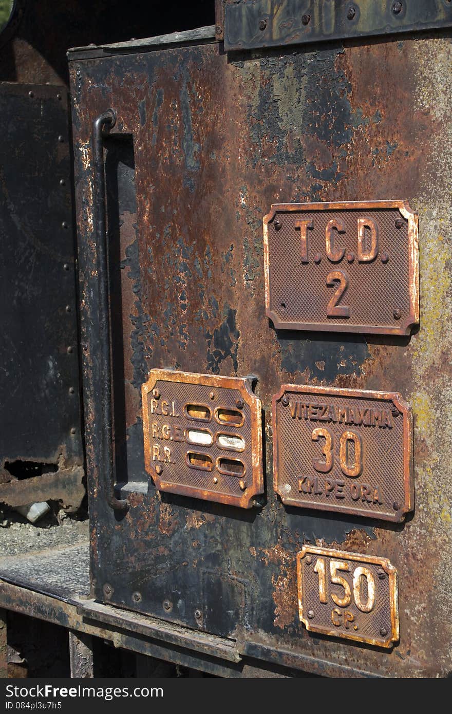 Old coal train romanian sign on locomotive entrance. Old coal train romanian sign on locomotive entrance