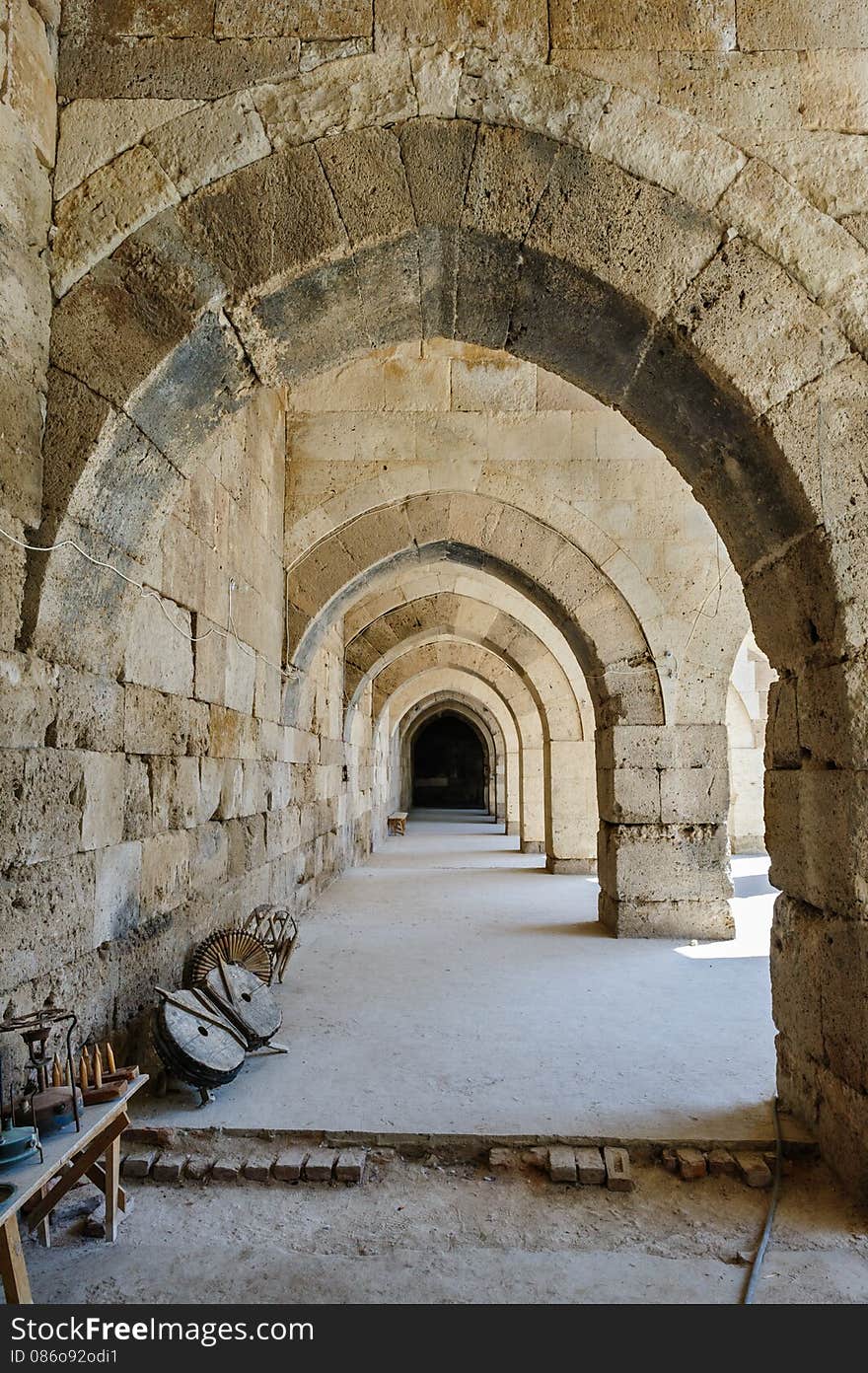 Multiple arches and columns in Sultanhani caravansary on Silk Road, Turkey