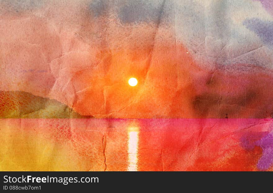 Beautiful watercolor retro sea sunset with sun. Beautiful watercolor retro sea sunset with sun