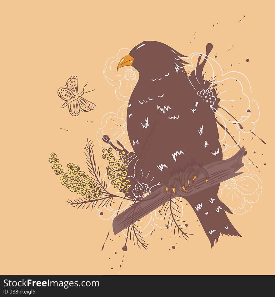 Abstract bird with flowers in hand drawn style, vintage background.