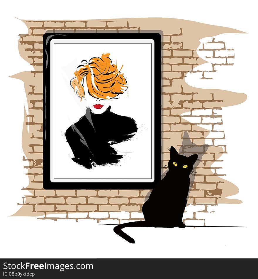 The girl's portrait on a wall and a black cat. Vector illustration. The girl's portrait on a wall and a black cat. Vector illustration.