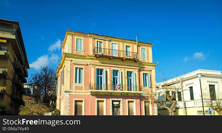 The building of the Swiss consulate and the blue sky