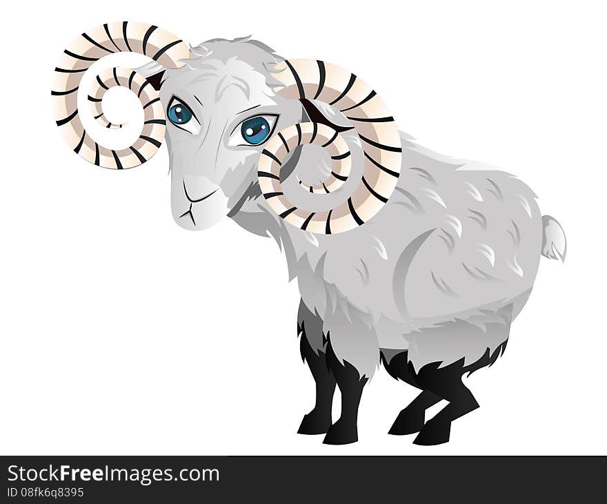 Cute funny cartoon ram illustration on white background.