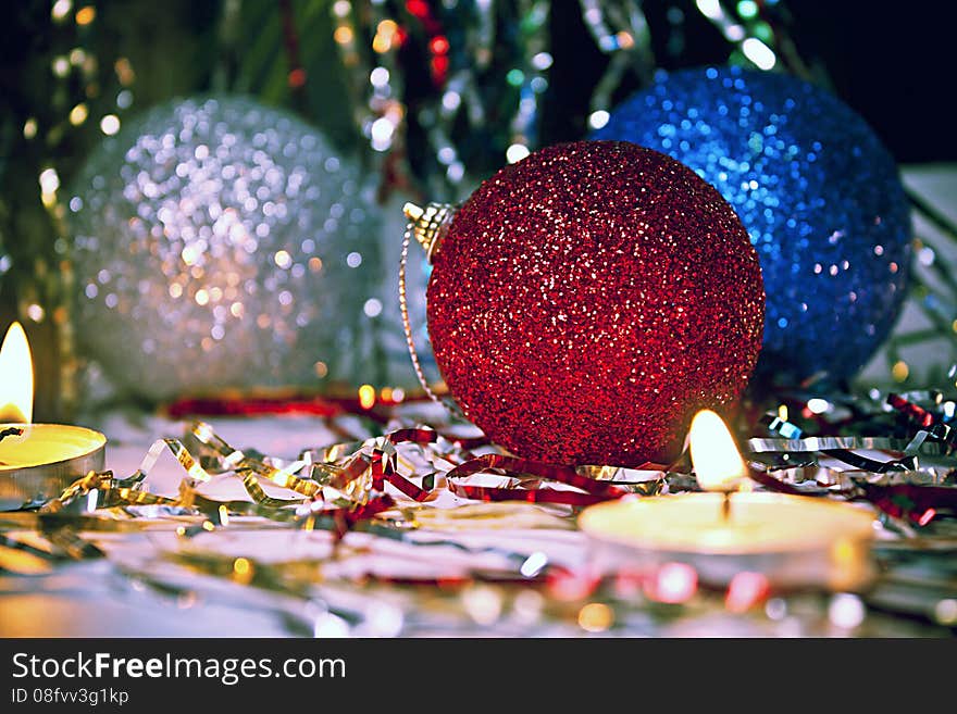 Christmas decorations, Christmas ornaments , candles and festive atmosphere. Christmas decorations, Christmas ornaments , candles and festive atmosphere.