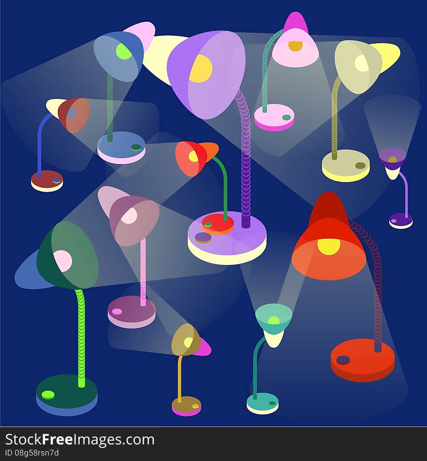 Many colorful table-lamps on dark blue background for your design