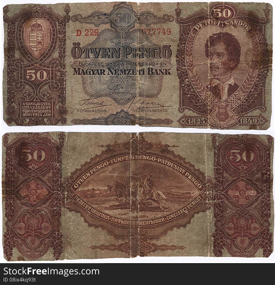 Old money. 50 pengo. Two sides of old Magyar banknote