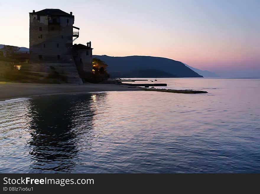 Ouranoupolis castle silhouette in sunrise, Greece