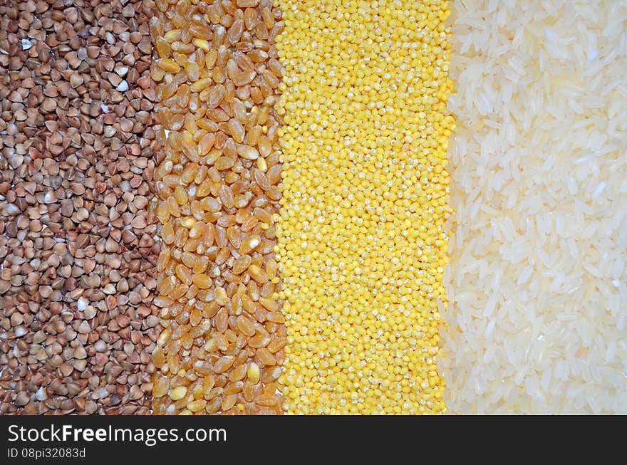 Background of assorted cereals buckwheat, wheat, millet, rice. Background of assorted cereals buckwheat, wheat, millet, rice