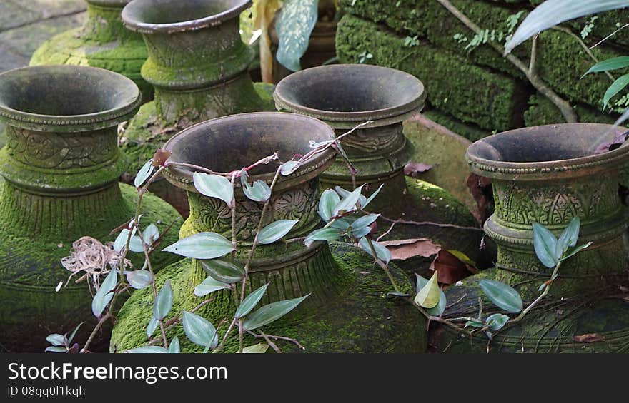 Group of old ornamental vases with Buddhist inscriptions. Group of old ornamental vases with Buddhist inscriptions.