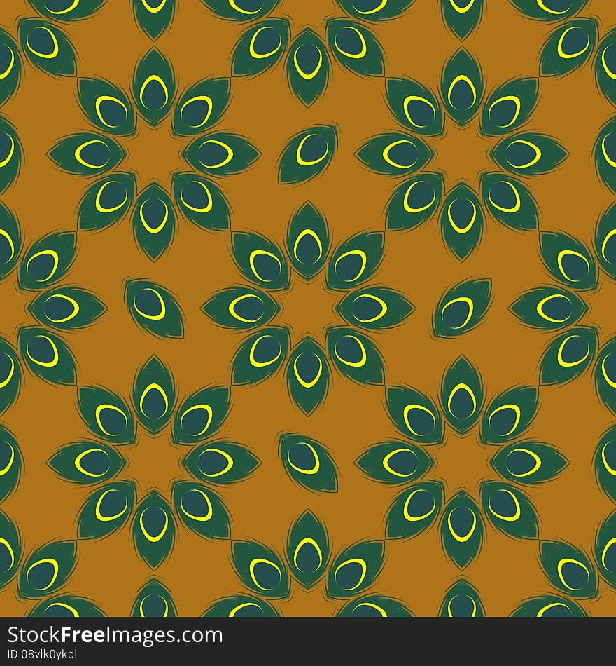 Stylized peacock feather seamless pattern on brown background vector illustration. Stylized peacock feather seamless pattern on brown background vector illustration