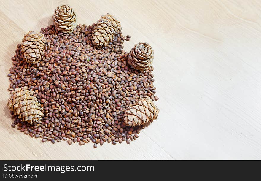 Cedar nuts and cones om wooden floor