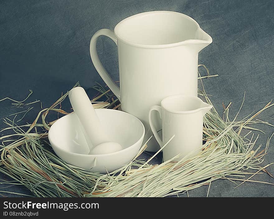 White porcelain set on a gray background