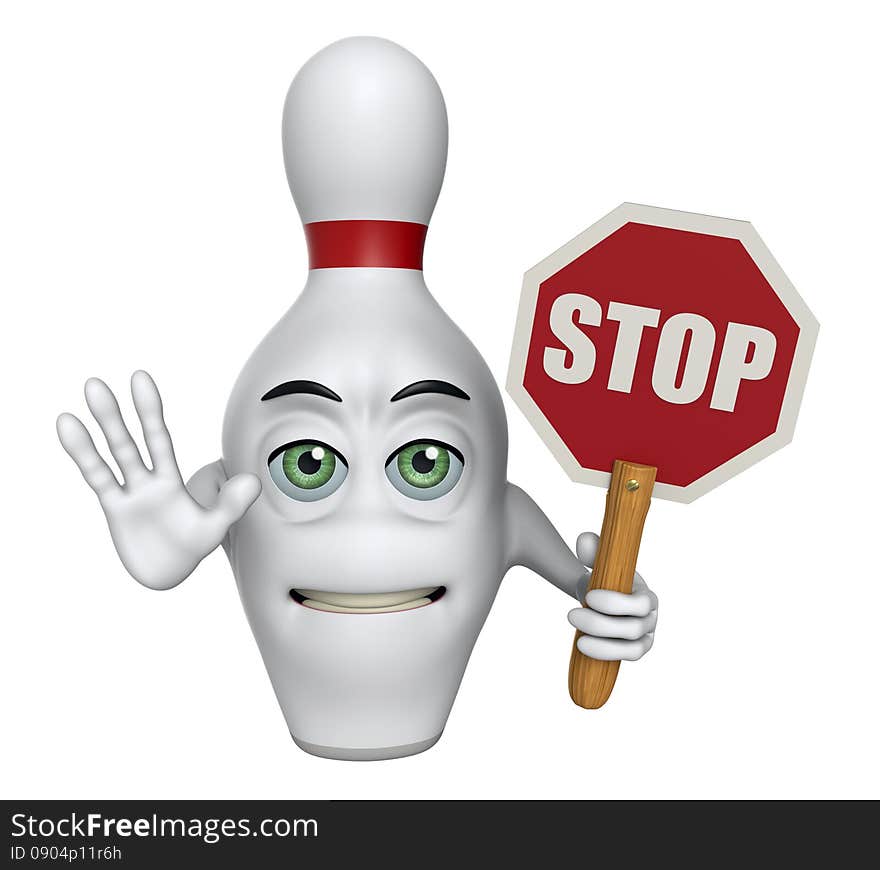 3D cartoon bowling pin holding a stop sign