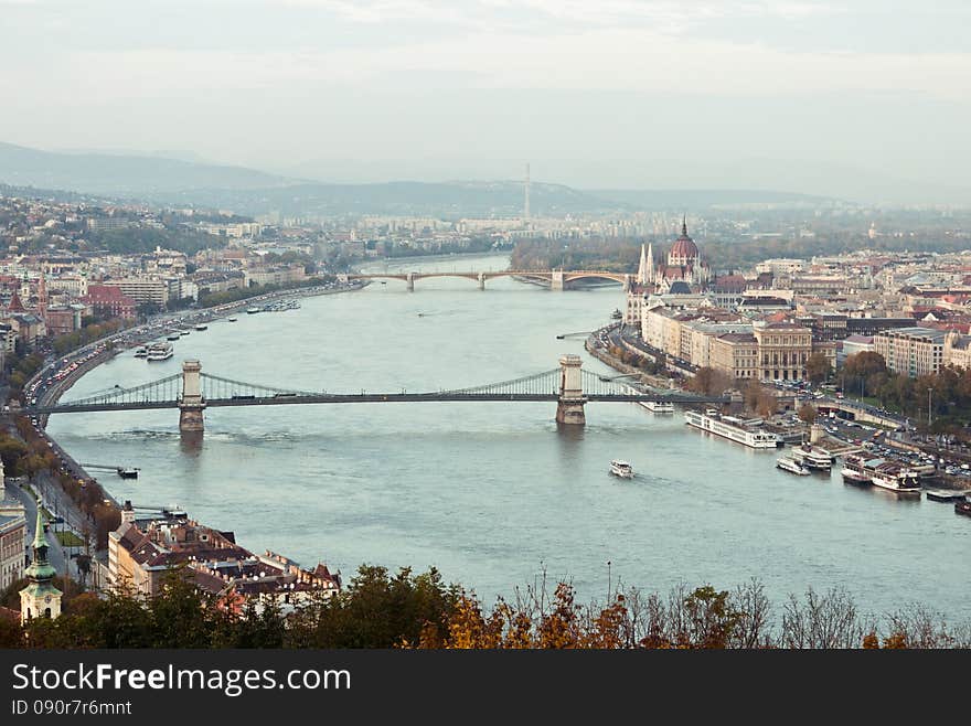 Top view of the river Danube in Budapest