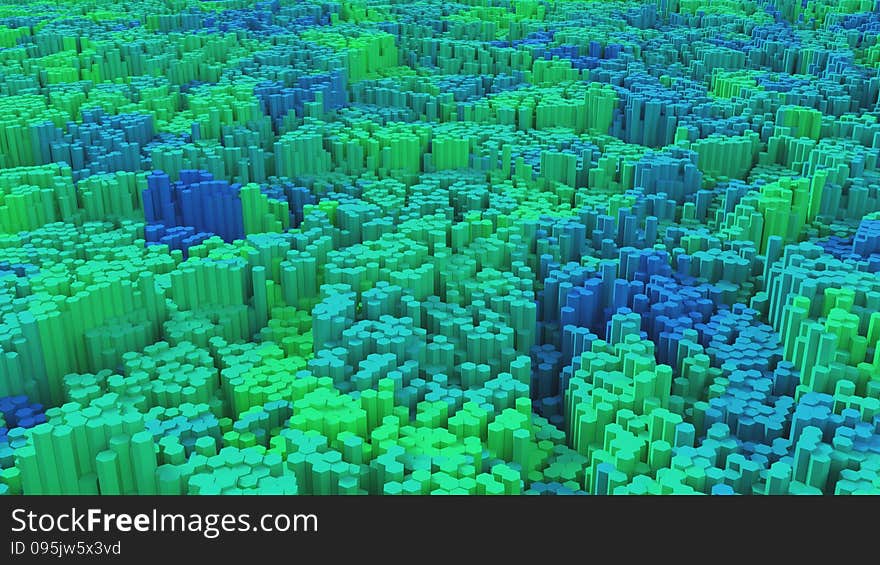 A 3D landscape made of hexagon cylinder beams. A 3D landscape made of hexagon cylinder beams.