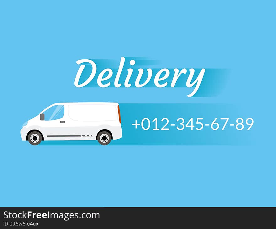 Blue banner with delivery van and telephone number