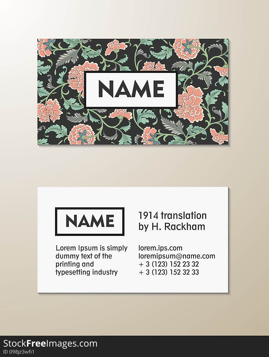 Vector floral visit card template on beige background
