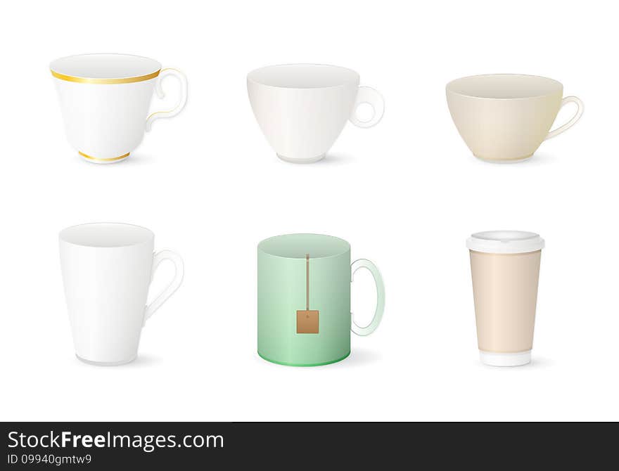 Collection of various cups on white background