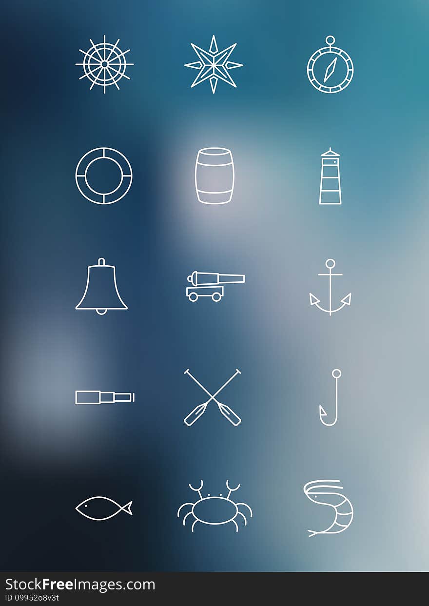 Set of marine linear vector icons on blurred background