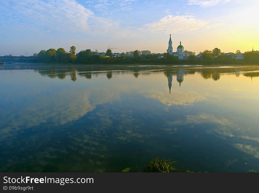 Quiet sunny summer morning on the banks of the Volga in Tver