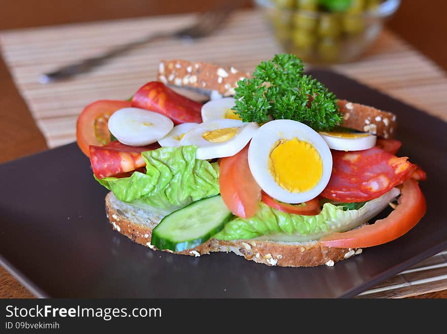 Fresh and tasty sandwich with salami and vegetables on a brown plate on a table. Fresh and tasty sandwich with salami and vegetables on a brown plate on a table