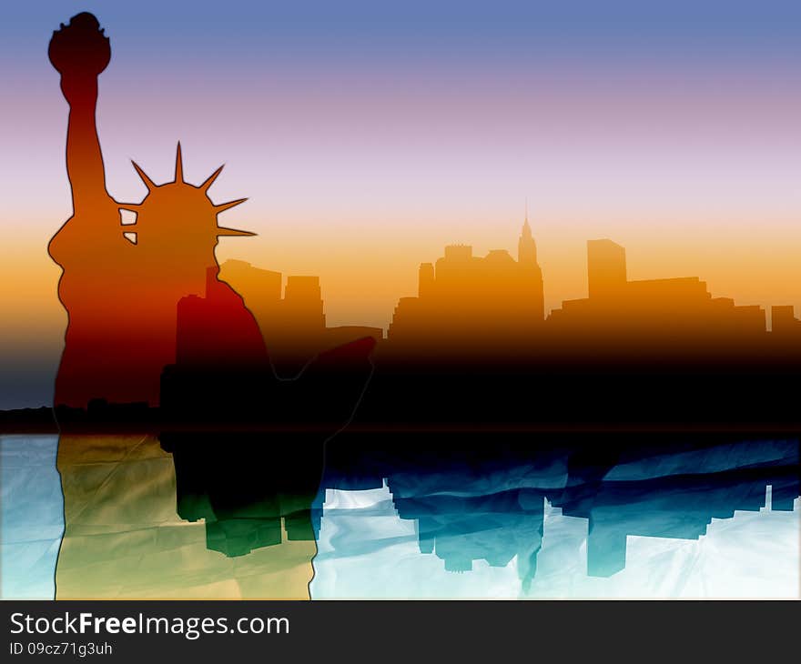 New York illustration with colorful Manhattan skyline reflected in Hudson river at sunset and the Statue of Liberty. New York illustration with colorful Manhattan skyline reflected in Hudson river at sunset and the Statue of Liberty