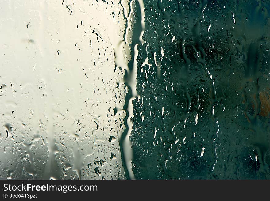 Natural Rain Drops On Glass