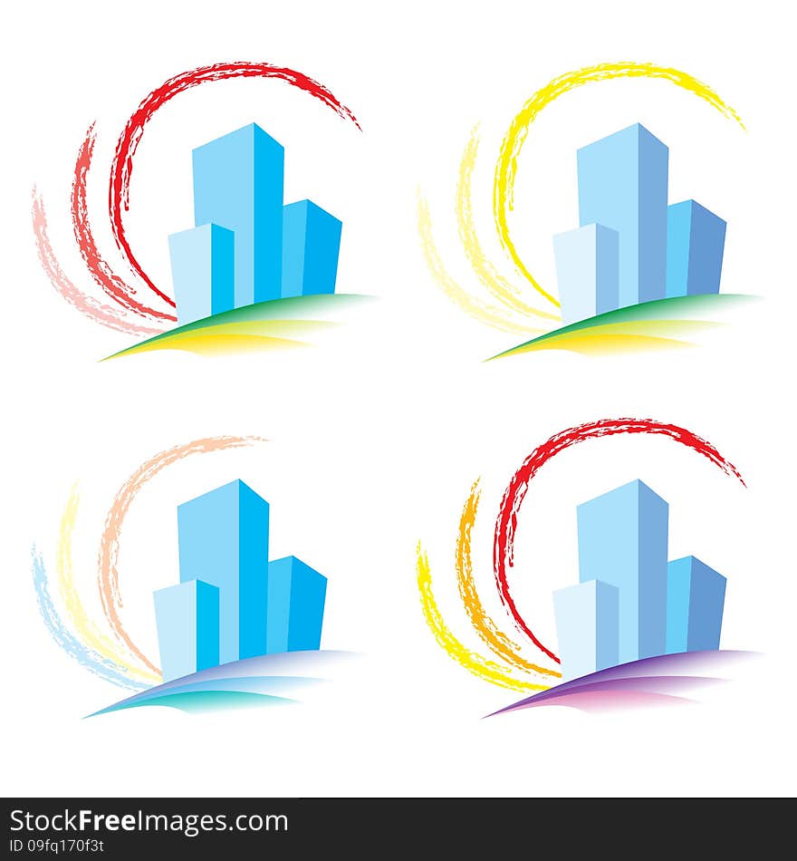 Schematic Of The Building On A Background Of A Symbolic Sun.