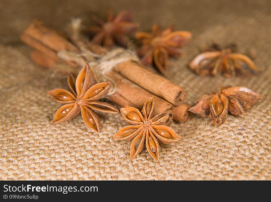 Few star anise and cinnamon sticks on old cloth