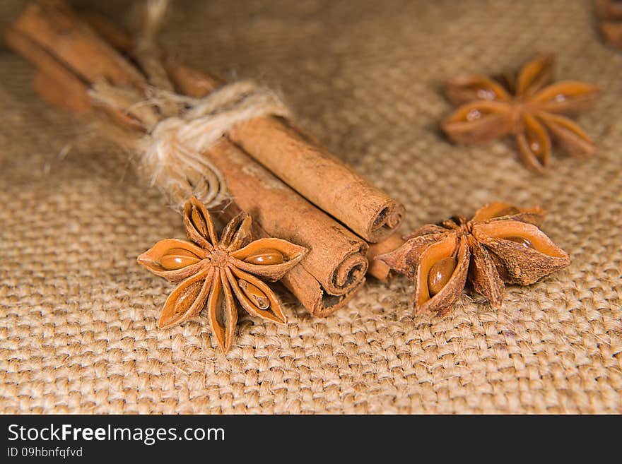 Few star anise and cinnamon sticks on old cloth