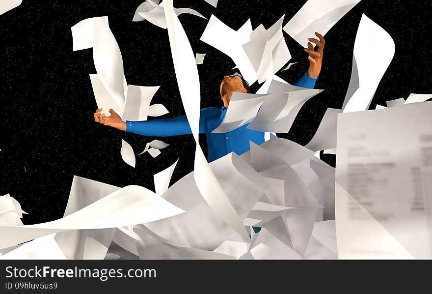 Papers falling and swirling around a man. Papers falling and swirling around a man