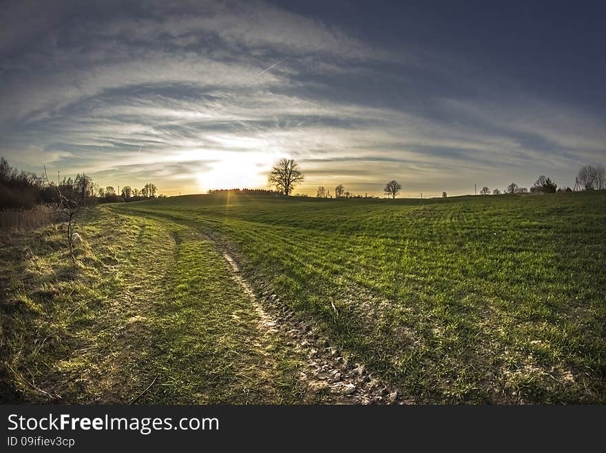 Countryside sunset with field and road